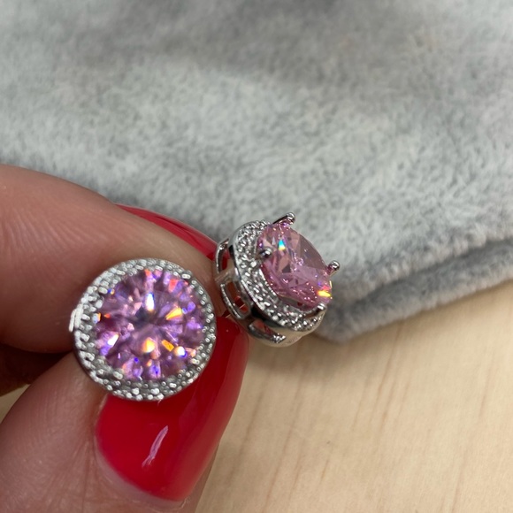 Gold Plated Pink CZ Stud Earrings - Picture 2 of 4